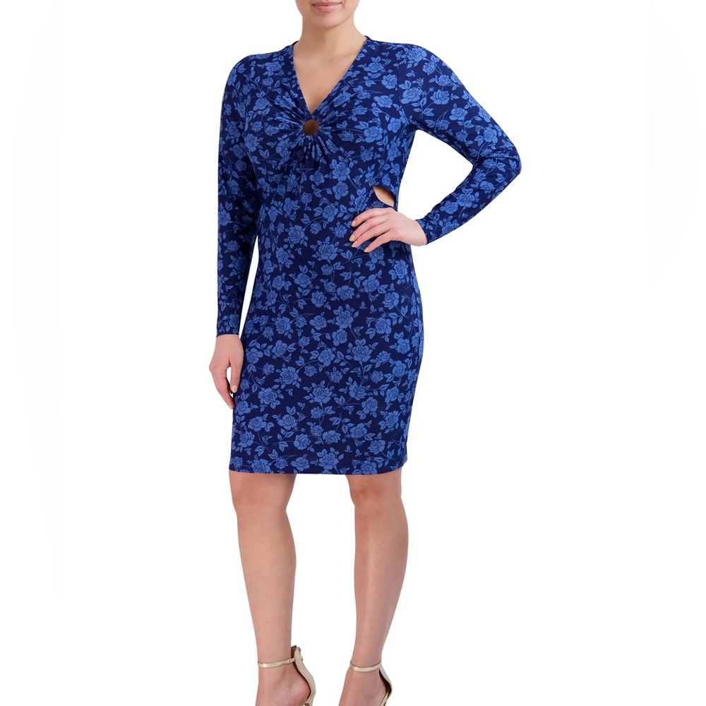 BCBG Paris Ruched O-Ring Dress XXL with Side Cut Outs V-Neck Blue Floral Stretch